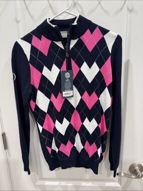 Argyle Zip-Front Turtleneck Sweater - Navy, Pink & White